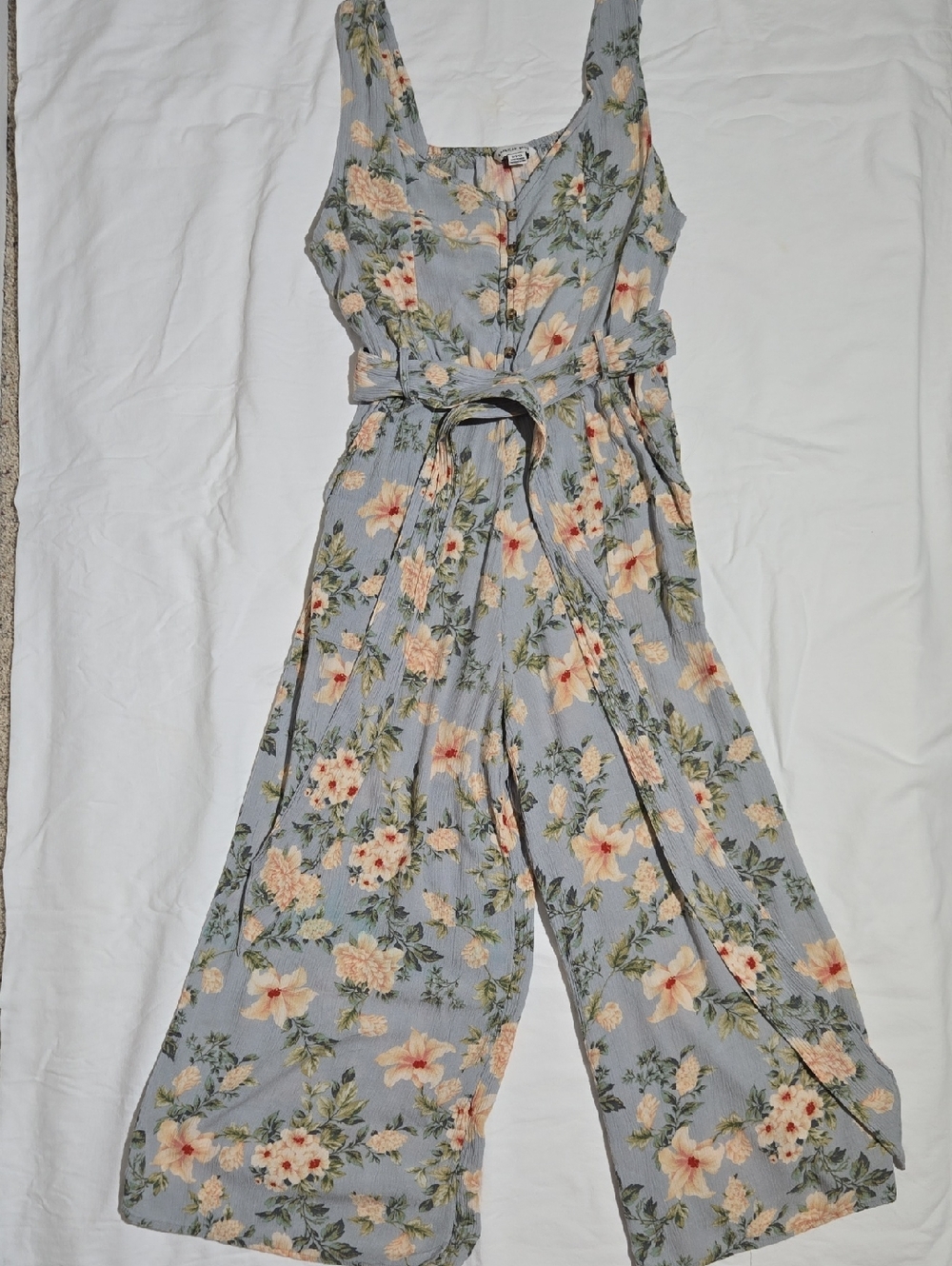 American Eagle Outfitters Blue Floral Tie-Waist Wide-Leg Jumpsuit